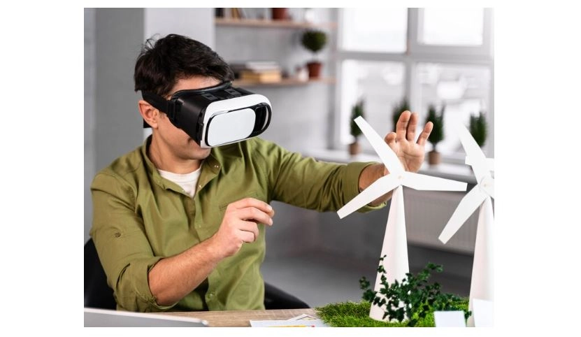 man working on an eco-friendly wind power project with virtual reality headset